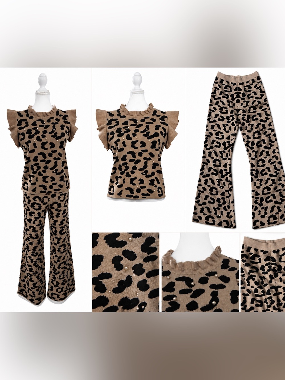 Leopard print pearl embellished lounge set - knit top and pant size. large